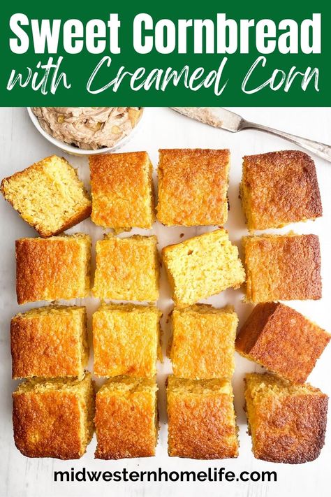 Sweet Jiffy Cornbread with creamed corn, honey, and sour cream is incredibly moist and perfectly sweet. Easy recipe with simple ingredients. Cornbread With Cream Corn, Sweet Jiffy Cornbread, Cornbread With Creamed Corn, Cream Corn Bread, Super Moist Cornbread, Corn Cornbread, Sweet Cornbread Muffins, Sour Cream Cornbread, Jiffy Mix Recipes