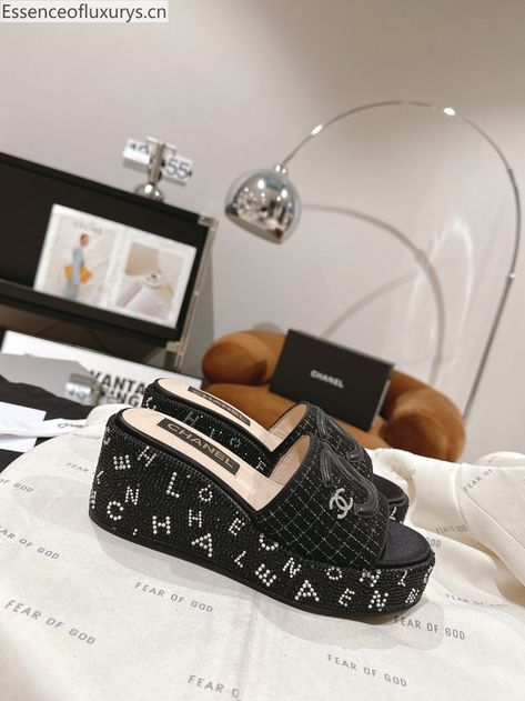 Chanel CC Logo Tweed Wedge Slide Sandals with Crystals Black Ralph And Russo Shoes, Sonic Shoes, Thom Browne Shoes, Comme Des Garcons Shoes, Acne Studios Shoes, Chanel Slides, Supreme Shoes, Rene Caovilla Shoes, Moschino Shoes