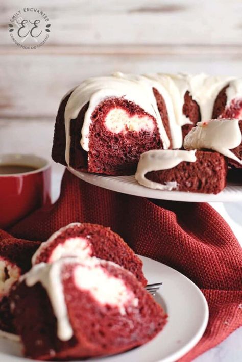 Red Velvet Bunt Cake, Red Velvet Cake Mix Recipes, Bundt Cake Ideas, Emily Enchanted, Bundt Cake Mix, Bunt Cake Recipe, Red Velvet Bundt, Cake With Cream Cheese Filling, Cream Cheese Bundt Cake