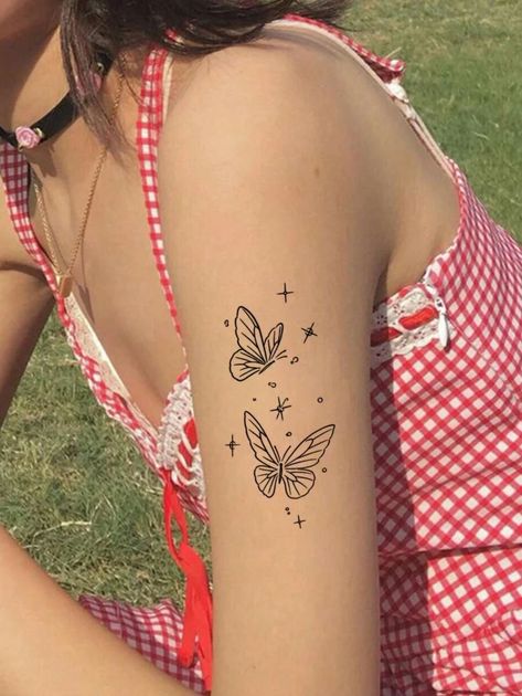 Butterfly And Stars Tattoo, Butterfly And Stars, Collar Bone Tattoos, Butterfly Leg Tattoos, Hannah Tattoo, Stars Tattoo, Petite Tattoos, Butterfly Tattoo Designs, Collar Bone Tattoo