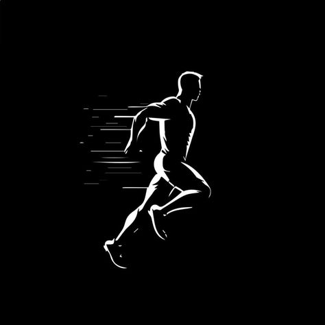 White icon of runner silhouette on black background, sport logo template, jogging modern logotype concept, t-shirts print, tattoo. Vector illustration Running Highlight Cover Instagram, Modern Logotype, Runner Silhouette, Runner Aesthetic, Background Sport, Running Logo, Tattoo Vector, Poster Idea, Sports Logo Design