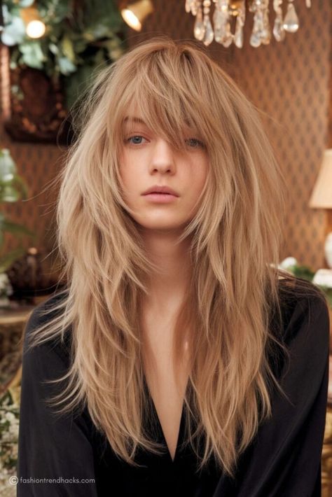 26 Wispy Bangs Long Hair Ideas for 2024 - Fashion Trend Hacks Long Shag Haircut With Full Bangs, Medium Shag Bangs, Haircut With Full Bangs, Indie Sleaze Hair, Long Shaggy Haircuts For Thick Hair, Shaggy Long Hair With Bangs, Long Shag Haircut No Bangs, Long Bangs Haircut, Wispy Bangs Long Hair