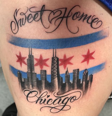 #chicagoskyline #chicagoskylinetattoo #chicagoflagtattoo #chicago  #sweethomechicago #tattoo Chicago Skyline Tattoo Design, Chicago Marathon Tattoo, Chicago Tattoo Ideas, Chicago Flag Tattoo, Chicago Skyline Tattoo, Left Tattoo, Marathon Ideas, Skyline Tattoo, Tattoo Samples