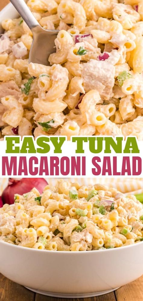 Tuna Macaroni Salad is a classic pasta salad recipe loaded with canned tuna, chopped celery, diced red onions and green peppers all tossed in a seasoned mayo dressing. Tuna Salad Recipe Easy, Tuna Pasta Salad Recipes, Tuna Macaroni Salad, Creamy Tuna Pasta, Classic Pasta Salad, Mayo Dressing, Cold Pasta Salad Recipes, Tuna Salad Pasta, Macaroni Salad Recipe