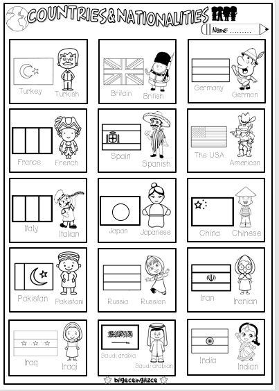 Countries Activities For Kids, Nationality Worksheet, Countries And Nationalities Worksheet, Country Activities For Kids, Country Worksheet, Culture Worksheet, First Grade Projects, Country And Nationality, Preschool Language