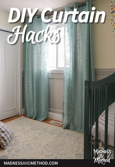 Diy Small Window Curtains, Fix Short Curtains, Curtains Too Long, How To Make A Curtain, Creative Ways To Hang Curtains, Curtain Alternatives Diy, Curtains Too Short, Alternative To Net Curtains, Curtains Too Long Hack