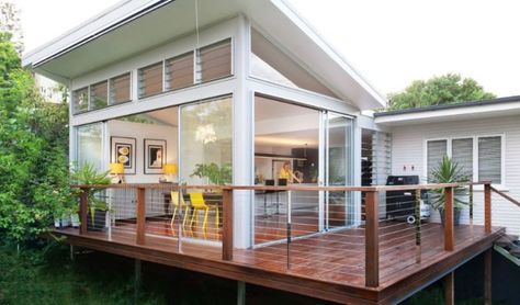 Building an extension to your home can be a great way to get the space you want without having the expenses and hassles of selling your home and finding a new one. In this guide to building a home... House On Stilt, Sustainable Architecture Design, Contemporary Deck, Louvre Windows, Building Extension, Skillion Roof, Building A Porch, Covered Deck, Extension Ideas