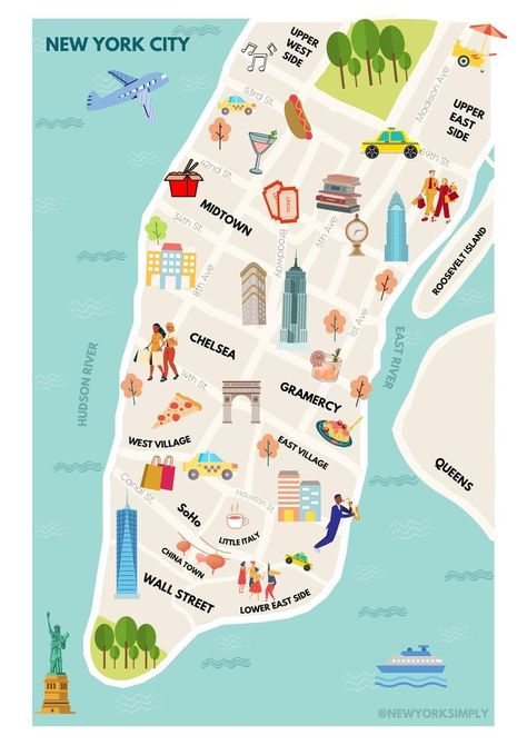 Nyc Icons, City Maps Illustration, Map Brochures, New York Illustration, Nyc Itinerary, Mode Hip Hop, Manhattan Map, Nyc Map, Nyc History