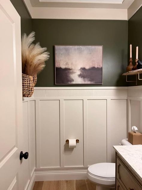 Toilet Room Board And Batten, Bathroom Half Wall Paneling, Board And Batten Wainscoting Bathroom, Beadboard Paneling Bathroom, Small Powder Room Ideas Wallpaper, Half Panelled Walls Bathroom, Small Bathroom With Wainscotting, Wall Half Paneling, Powder Room With Board And Batten