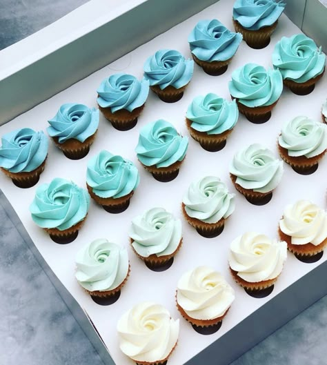 Simple Mini Cupcake Designs, Pastel Blue Cupcakes, Blue Mini Cupcakes, Gender Reveal Cupcake Ideas Pink Blue, Mini Cupcake Gender Reveal, Blue Wedding Cupcakes, Blue Frosted Cupcakes, Birthday Cake With Flowers, Blue Desserts