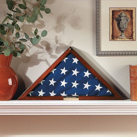 Personalized Triangle Flag Display Case - OrientalTrading.com Flag Display Case, Triangle Flag, Veterans Flag, Military Decor, Usa Military, Flag Display, Military Flag, Brass Plaques, Framed Flag