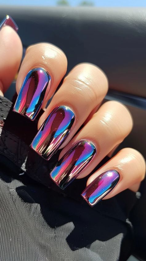 Colorful Metallic Nails, Neon Chrome Nails Designs, Colorful Chrome Nails Designs, Chrome Velvet Nails, Two Tone Chrome Nails, Hot Gel Nails, Chrome Nail Inspiration, Chrome Toe Nails Designs, Hot Nails Trends 2024 Summer