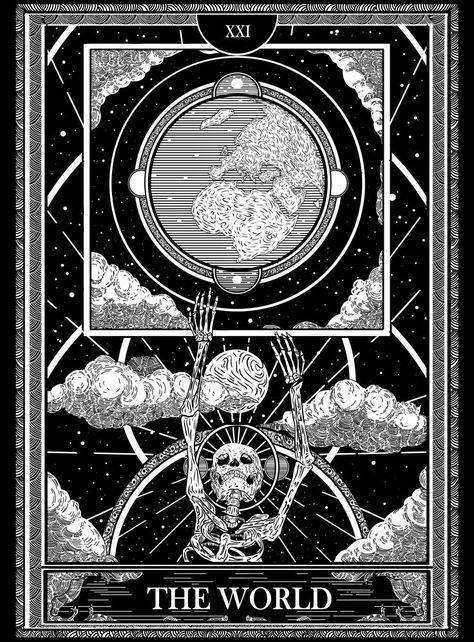 Tarot Card Clouds, The World Tarot Card Aesthetic, Tarot Cards Design Illustration, Tarot Cards Illustration Artworks, The World Tarot Card Tattoo, The World Tarot Tattoo, The World Tarot Card Art, Black And White Tarot Cards, Black Tarot Cards