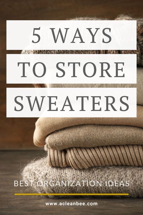 Learn how to store your sweaters. Properly store sweaters during the off season and learn how to properly organize sweaters in your closet during cold weather too. Learn how to hang sweaters from hangers without puckering the shoulders and more. Check out the blog post for the complete guide. How To Store Cardigan Sweaters, Sweater Shelf Organization, How To Organize Your Sweaters, Hanging Sweater Organizer, Walk In Closet Sweater Storage, Storing Cardigans In Closet, How To Store Tank Tops How To Organize, Organize Sweatshirts In Closet, How To Hang Sweaters In Closet