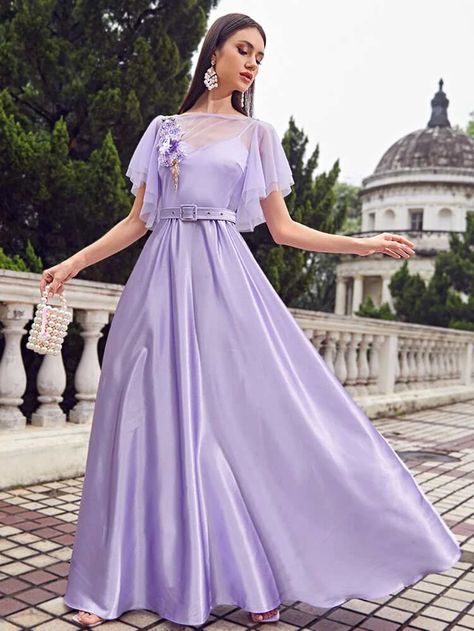 Lilac Long Dress With Sleeves, Elegant Lavender A-line Dress, Elegant Lavender Puff Sleeve Dress, Lilac Dress Outfit, Lavender Floor-length Evening Dress For Wedding, Purple Prom Dress Long, Elegant A-line Purple Maxi Dress, A Line Dress Formal, Simple Formal Dress