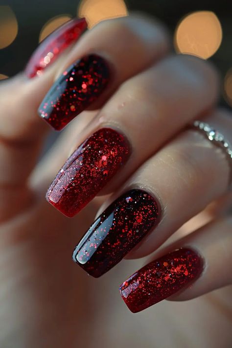 50 Gorgeous Red Nails Ideas to Transform Your Look In 2024(With DIY Tips) - Latest & Trendy Nail Designs Red And Black Fingernails, Black And Red Sparkle Nails, Red And Black Gel Nails Ideas, Crazy Red Nails, Birthday Nails Red And Black, Red Nail Designs Simple, Red And Black Glitter Nails, Black And Red Glitter Nails, Black With Red Nails