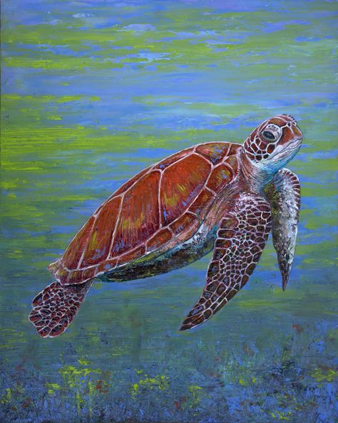 'Turtle for the Birthday Girl', 2021 Underwater Light, Sea Turtle Art, Underwater Painting, Turtle Painting, Green Turtle, Turtle Art, Diy Paint, Light Reflection, Paint Set