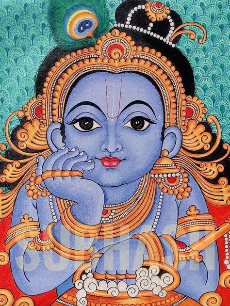 Kerela Murals Paintings Krishna, Radha Krishna Kerala Mural Painting, Kerala Mural Art Krishna, Madhubani Paintings Traditional Krishna, Theyyam Paintings, Kerela Murals Paintings, Theyyam Drawing, Krishna Kerala Mural Painting, Mural Art Kerala