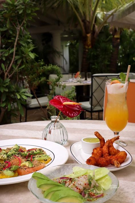 Citrus Salad, Aguachile Ceviche and Coconut Shrimp next to the Tillie's Branded Cocktail at Tillie's Restaurant in Cayman Islands Cayman Jack, Cayman Island, George Town, Island Food, Grand Cayman, Caribbean Cruise, Allergy Friendly, Food Allergies, Best Restaurants