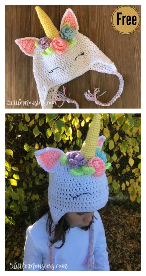 Unicorn Hat Free Crochet Pattern with Flowers Crocheted Unicorn, Crochet Unicorn Blanket, Crochet Unicorn Hat, Hat Free Crochet Pattern, Crochet Character Hats, Crochet Unicorn Pattern, Unicorn Hat, Crochet Kids Hats, Hat Patterns Free