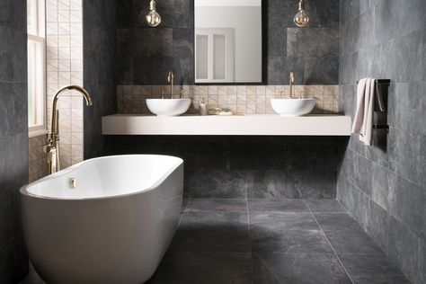 Dark Tile Bathroom, Slate Bathroom, Japandi Bathroom, Modern Home Decor Bathroom, Dark Tile, Topps Tiles, Bad Inspiration, Wet Room, Home Decor Bathroom