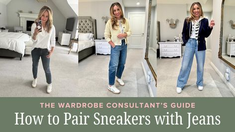 How to Pair Sneakers with Jeans — The Wardrobe Consultant Cuffed Jeans With Sneakers, How To Wear Sneakers With Jeans, Jeans With Tennis Shoes Outfits, Tennis Shoes With Jeans, Jeans With Sneakers Outfit, Jeans And Tennis Shoes Outfit, Wide Leg Jeans With Sneakers, Shoes With Flare Jeans, Sneakers With Jeans