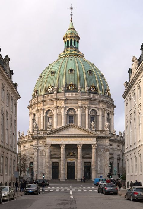 Though the foundations for this marble megastructure were laid in 1749, the project was not completed until nearly 150 years later because of budget and patronage issues. Its turquoise dome is now a focal point of the Copenhagen skyline. Classical Architecture House, Copenhagen Architecture, Architecture Portfolio Design, Tivoli Gardens, Cathedral Architecture, Norman Foster, Architecture Landmark, Architecture Drawing Art, Baroque Architecture