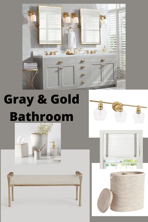 Mom Bathroom, Silver Faucet, Grey Bathroom Cabinets, White And Gold Decor, Bathroom Details, Gold Faucet, Gray Bathroom Decor, Gray Vanity, Master Shower