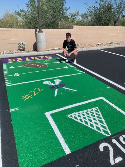 #seniorparking Football Parking Spot Painting, Soccer Senior Parking Spots, Parking Spot Painting, Spot Painting, Senior Football, Parking Spot, Senior Year, Lacrosse, School Ideas