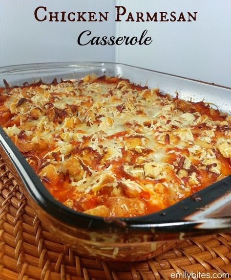 Chicken Parmesan Casserole - Emily Bites Emily Bites, Parmesan Casserole, Chicken Parmesan Casserole, Diced Chicken, Recipes Chicken, Milkshakes, Ww Recipes, Chicken Parmesan, Lunch Snacks