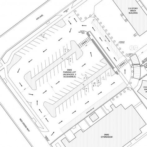 We recently updated the proposed parking lot plan for the Denver Montclair International School.  Our original design provided 58 spaces (plus 3 accessible spaces), with generous 63’ modules and 32’ aisles.  Between each module were 10’ wide pedestrian walks leading Parking Lot Plan, Car Park Design, Parking Plan, Parking Lot Architecture, Terminal Bus, Parking Building, Evergreen Colorado, Desain Quilling, Desain Editorial