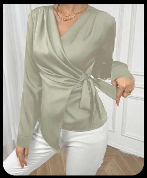 Satin Wrap Blouse, Office Tops, Classic Blouse, Soiree Dress, Dinner Dress Classy, Style Guru, Sleeveless Shirts, Classic Blouses, Sequin Crop Top