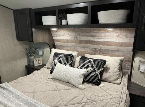 Gray And Black Camper Interior, Camper Master Room Remodel, Travel Trailer Headboard Ideas, Black And Grey Camper Interior, Travel Trailer Bedding Ideas, Camper Bunkhouse Decor, Camper Bedding Ideas Color Schemes, Trailer Bedding Ideas, Bedroom Camper Remodel