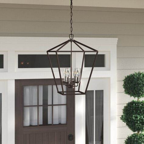 Exterior Hanging Lights Front Porches, Outdoor Chandelier Porch, Exterior Hanging Light, Porch Light Fixtures, Split Entry, Glass Aluminium, Front Porch Lighting, Basement Reno, Outdoor Chandelier