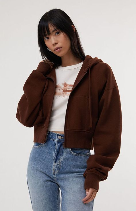 Kaley Cropped Full Zip Hoodie Brown Zip Up Hoodie Outfit, Cropped Zip Up Hoodie Outfit, Lounge Styling, Zip Hoodie Outfit, Cropped Zip Up Hoodie, Cropped Zip Up, Crop Top Hoodie, Fall Denim, Fall Clothing