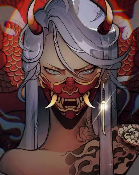 women, Japanese Art, samurai, oni girl, mask, horns, digital painting | 1080x1350 Wallpaper - wallhaven.cc Oni Maske, Tato 3d, Oni Art, Witcher Wallpaper, Mask Drawing, Oni Mask, Samurai Art, Masks Art, Fantasy Character Design