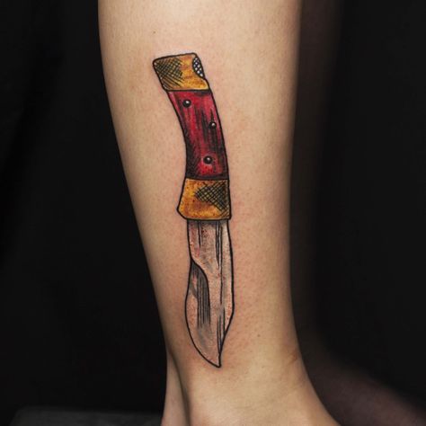 Tfb Tattoos, Flick Knife Tattoo, Talon Of The Hawk Tattoo, The Front Bottoms Tattoo Ideas, Bowie Knife Tattoo Ideas, Curved Knife Tattoo, Stilleto Knife Tattoo Design, Knife In Skin Tattoo, The Front Bottoms Poster