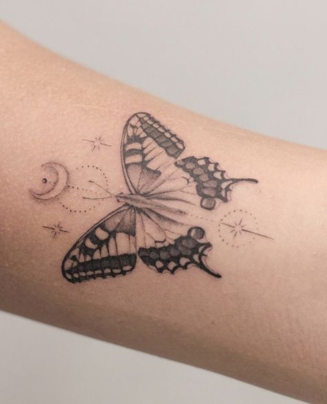 Butterfly Moon And Sun Tattoo, Butterfly Person Tattoo, Butterfly Tattoo With Sun And Moon, Sun Shin Tattoo, Rare Butterfly Tattoo, Mystical Butterfly Tattoo, Butterfly Inner Arm Tattoo, Butterfly Tattoo Moon, Celestial Butterfly Tattoo