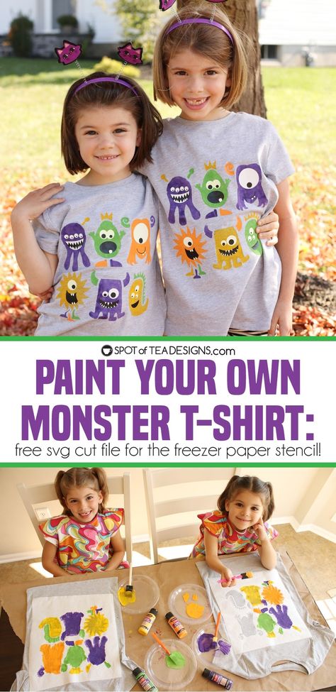 Paint Your Own Monster T-shirt | Spot of Tea Designs Htv Crafts, Craft At Home, Diy Halloween Shirts, Freezer Paper Stenciling, Monster Shirt, Diy Monsters, Halloween Shirts Kids, Paint Shirts, T Shirt Painting