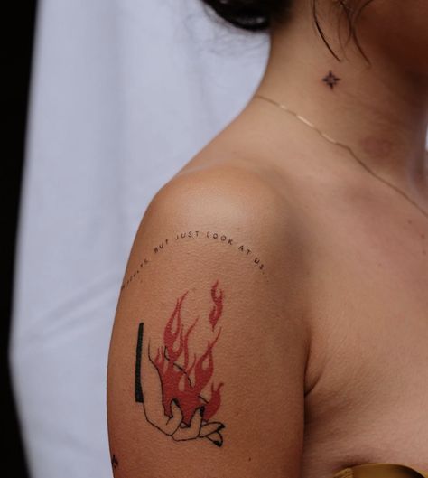 Women Fire Tattoo, Revolution Tattoo, Like A Tattoo, Stylish Tattoo, Women With Tattoos, Fire Tattoo, Text Tattoo, Red Ink Tattoos, Cute Tiny Tattoos