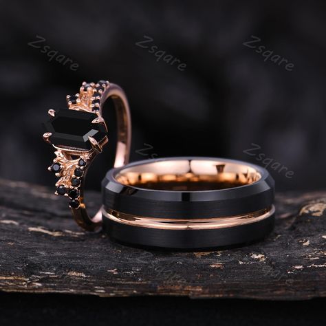 Introducing our long hexagon cut black onyx couples ring set - a perfect symbol of love and commitment for the special couple. ITEM DESCRIPTION * Handmade, high-quality item! * Material: Sterling silver/10K/14K/18K Solid GOLD/Tungsten Her Ring: * Center stone: Natural black onyx * Stone size: 5x9mm hexagon cut * Side stone: black spinel ► Please contact me if you have special requests, such as change the center stone or the ring style.  His Ring: * Band width: 8mm * Black and rose gold Tungsten Obsidian Wedding Rings, Black Wedding Ring Sets, Matching Ring Set, Couples Ring, Rose Gold Tungsten, Black Tungsten Rings, Couples Ring Set, Black Tungsten, Matching Ring