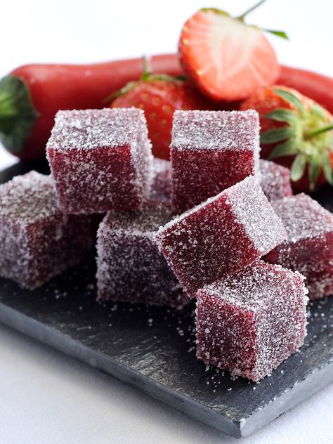 Simon Hulstone's strawberry jelly recipe is a playful treat for the end of a dinner party British Treats, Strawberry Jelly Recipes, Pomegranate Jelly, Jello Recipe, Sugar Free Jello, Turkish Delights, Snack Bites, Strawberry Jelly, Jello Recipes