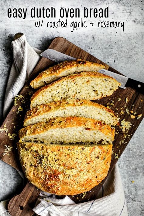 Easy Dutch Oven Bread with Roasted Garlic & Rosemary {No-Knead Bread}#bread #homemade #roastedgarlic #rosemary #dutchoven #noknead #easybread #easyrecipe #DIY Garlic Rosemary Dutch Oven Bread, Easy Dutch Oven Bread, Trailer Aesthetic, Creuset Recipes, Bread Roast, Bread Recipe Video, Boyfriend Things, Garlic Toast, Oven Bread