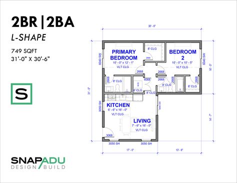 Snap ADU Floor Plan 2 Bedroom 2 Bath 749 sqft 31×30 L-Shape L Shaped House Plans 2 Bedroom, L Floor Plan, L Shape Floor Plans, T Shape Floor Plans, L Shaped House Plans Small 2 Bedroom, L Shape Tiny House Floor Plans, Small L Shaped House Design, L Shaped Floor Plans, 2 Bedroom L Shaped Tiny House