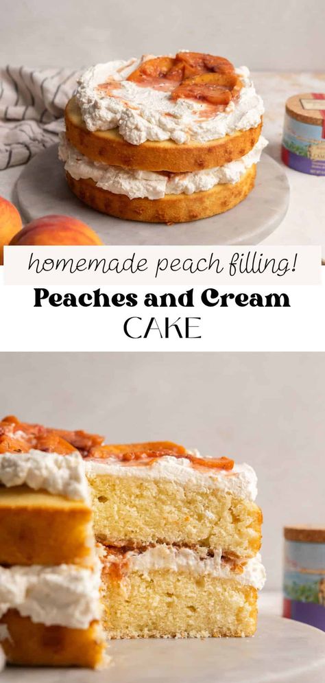 This peaches and cream cake has fluffy vanilla cake, rich Chantilly whipped cream, and caramelized peaches. It's perfect to make for special occasions or for when you're craving a sweet treat with fresh Summer stone fruit. Peach Ice Cream Cake, Peach Cream Cake, Peach Mousse Cake, Peach Whipped Cream, Peaches And Cream Cake, Peach Mousse, Fluffy Vanilla Cake, Caramelized Peaches, Cake Flour Substitute