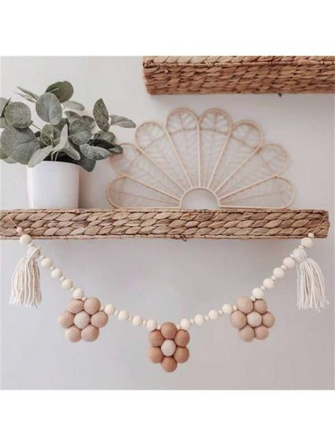 Handmade Felt Chrysanthemum, Wooden Beads & Tassel Garland Bohemian Nursery Decoration For Baby Room, GiftI discovered amazing products on SHEIN.com, come check them out! Macrame Baby Room, Boho Baby Nursery, Boho Baby Room, Macrame Baby, Felt Craft Projects, Bohemian Nursery, Crochet Wall Hangings, Wooden Bead Garland, Diy Nursery