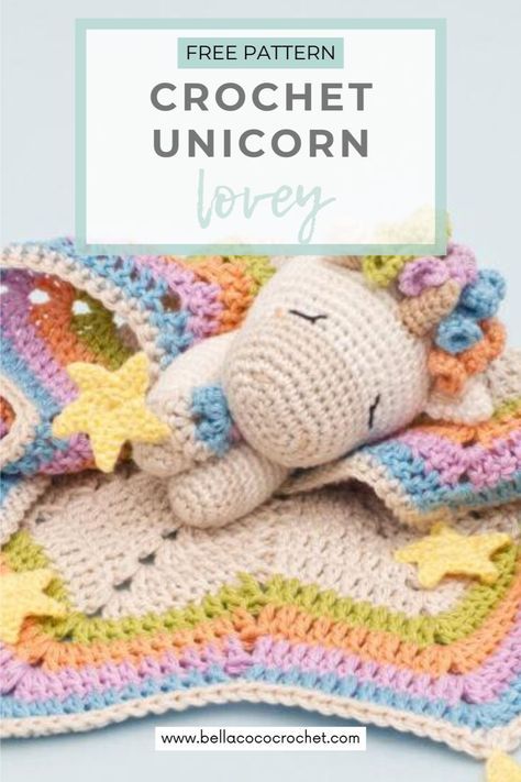 Crochet this adorable unicorn lovey with a FREE step-by-step pattern on the blog. Click the link for all the details. Pattern by guest designer Banga Lovey Free Pattern, Unicorn Lovey, Crochet Unicorn Blanket, Crochet Unicorn Pattern Free, Crochet Lovey Free Pattern, Crochet Projects To Sell, Bella Coco, Crochet Unicorn Pattern, Unicorn Blanket