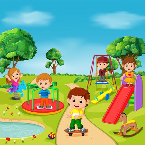 Kids playing outdoor in park Premium Vec... | Premium Vector #Freepik #vector #flower #kids #children #green Outdoor Graphic Design, Outdoor Images, Picture Comprehension, Picture Cartoon, Images Cartoon, Picture Composition, Children Park, Kids Background, Happy Children's Day