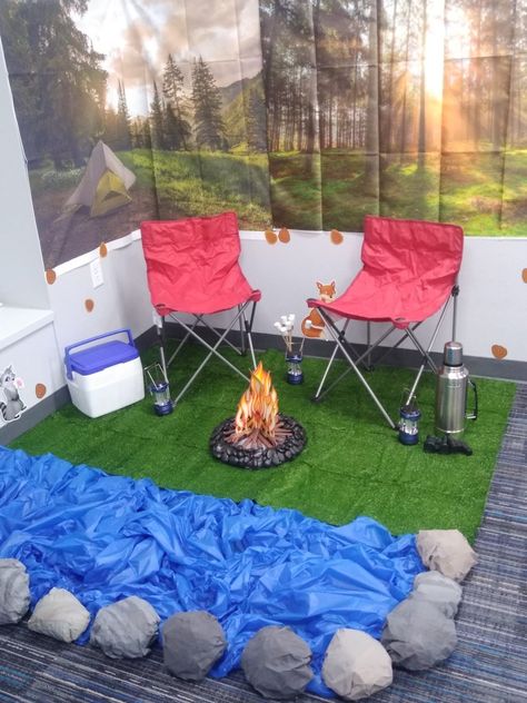 Camping Imaginative Play, Camping Theme Decorations Diy, Tent In Classroom, Classroom Camping Ideas, Camp Day In The Classroom, Camp Theme Vbs Decorations, Vbs Camp Firelight Decorations, Preschool Camping Dramatic Play, Dramatic Play Camping Theme