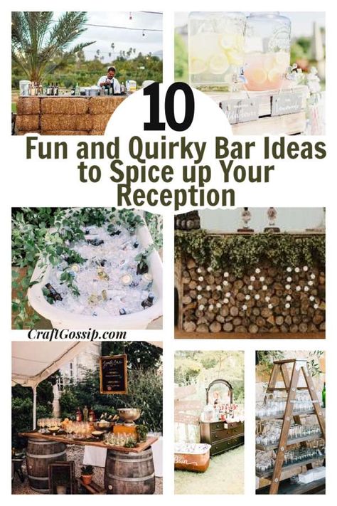 10 Fun and Quirky Bar Ideas to Spice up Your Reception – DIY Weddings Reception Drink Station, Money Roses, Outdoor Wedding Bar, Weddings Under 5000, Diy Wedding Bar, Wedding Bar Decor, Bar Wedding Reception, Wedding Drink Station, Drink Display